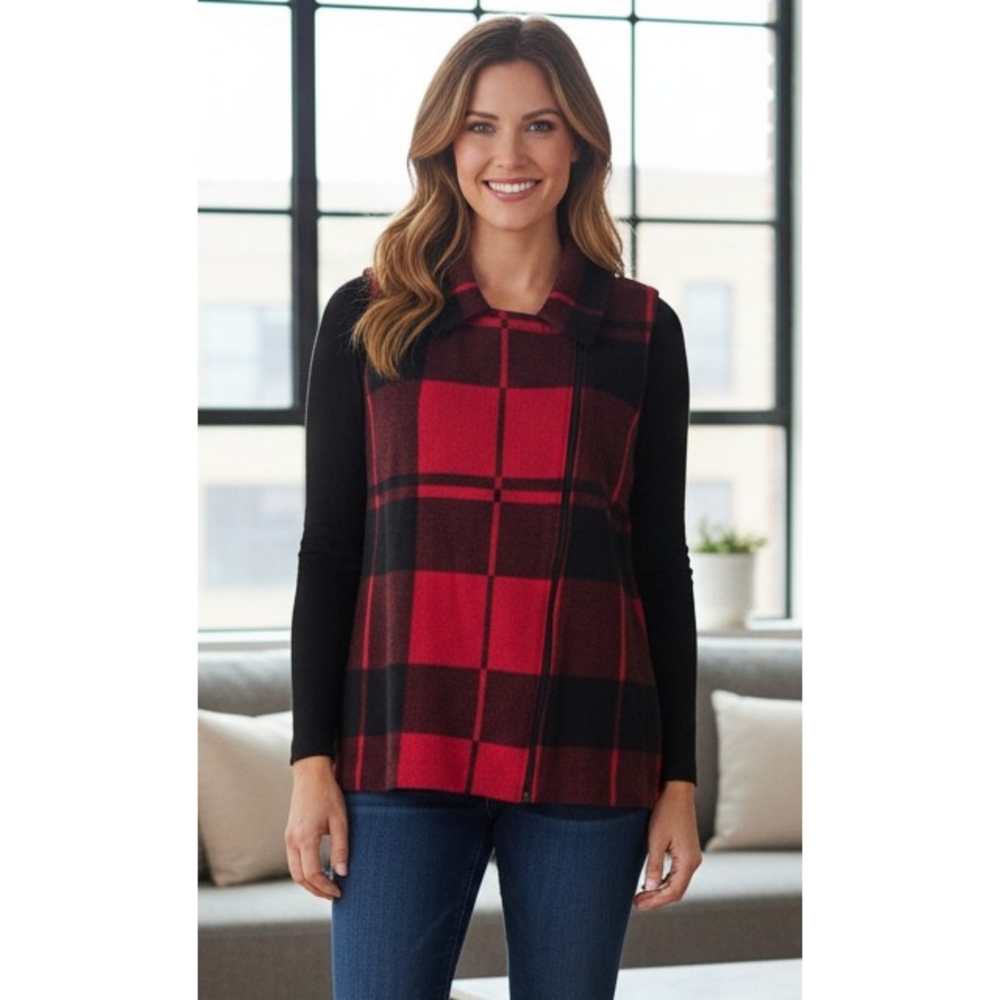 Chaps Plaid Asymmetrical Zip Up Vest Red & Black Size XL